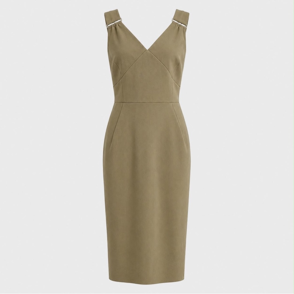 Worn once. Size 8 Pure Navy Khaki Structured V-Neck Midi Sleeveless Sheath Dress